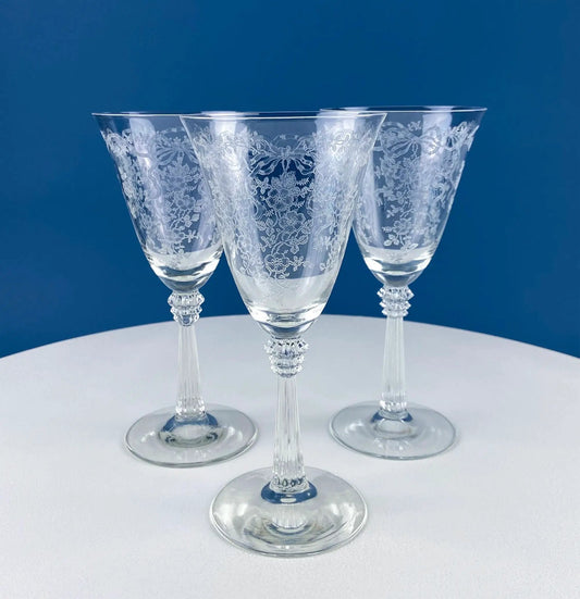 Fostoria Romance crystal goblets set of 5, clear etched floral garland stemware with stems on Tampa Home & Garden Store