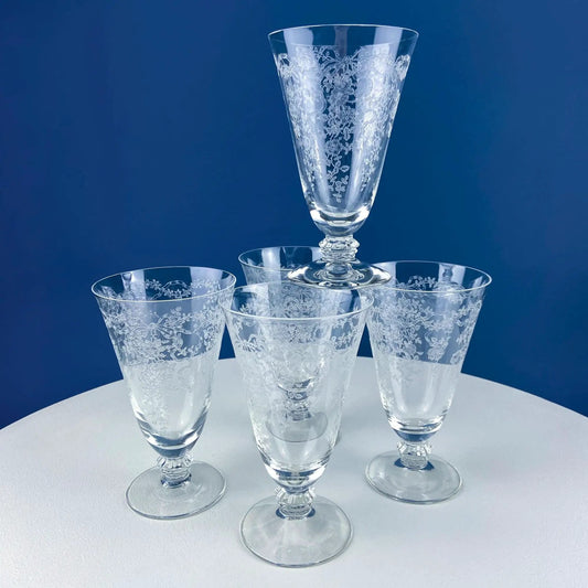 Vintage Fostoria Romance goblets, etched crystal stemware, set of 5 on Tampa Home & Garden Store