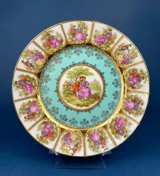 Vintage Fragonard porcelain footed cake stand with turquoise center and gold trim scenes on Tampa Home & Garden Store