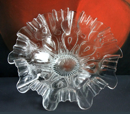Vintage depression glass bowl with ruffled edge and pressed dot pattern for cabinet display on Tampa Home & Garden Store