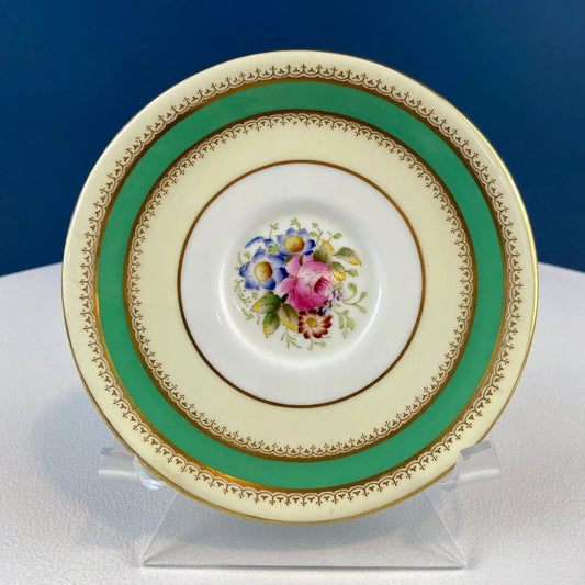 Vintage Royal Worcester teacup saucer with cream base, green band and gold trim on Tampa Home & Garden Store