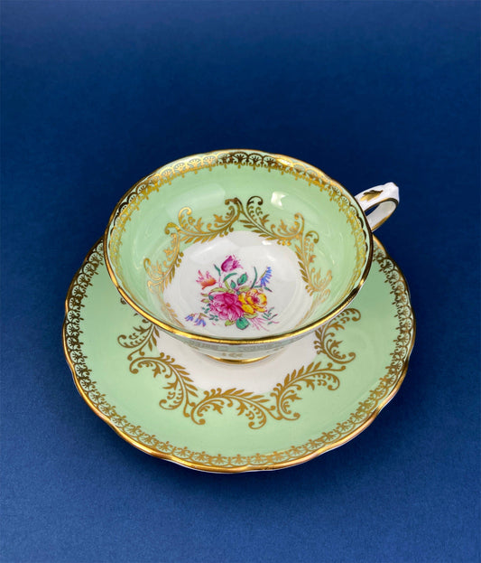 Vintage Grosvenor Fine Bone China Teacup and Saucer - Mint Green Floral - Tampa Home & Garden Store