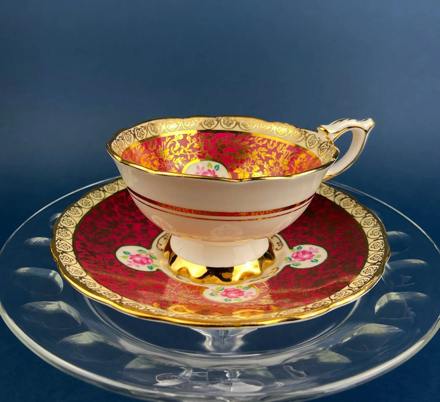 Grosvenor fine bone china teacup and saucer mint with gold trim and pink floral interior on Tampa Home & Garden Store