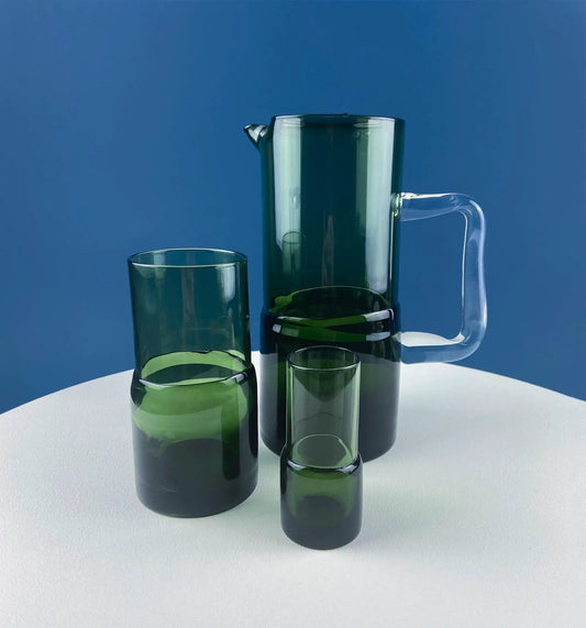 Vintage hand blown green pitcher with five small juice tumblers, glass drinkware set on Tampa Home & Garden Store