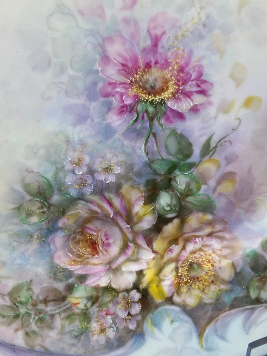 Vintage hand painted floral plate signed featuring pink and purple blossoms with gold accents on Tampa Home & Garden Store