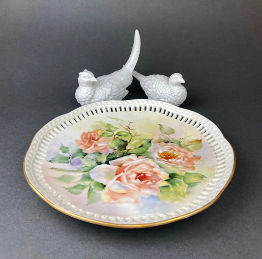 Vintage hand painted porcelain plate with rose motif and reticulated border on Tampa Home & Garden Store