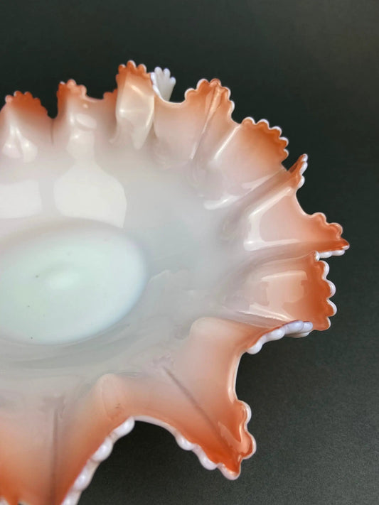 Vintage opalescent glass bowl with peach-pink ruffled rim by Anything Discovered serveware on Tampa Home & Garden Store
