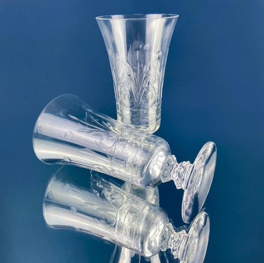 Vintage Heisey Danish Princess crystal tumblers with leaf-cut design, set of 7 on Tampa Home & Garden Store