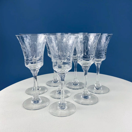 Vintage Heisey Danish Princess goblets, set of 8 clear crystal stemware with ornate cuts on Tampa Home & Garden Store