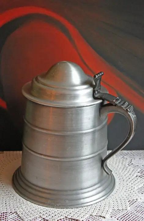 Vintage metal ice bucket with lid and ornate hinged handle in pewter-silver finish, barware on Tampa Home & Garden Store