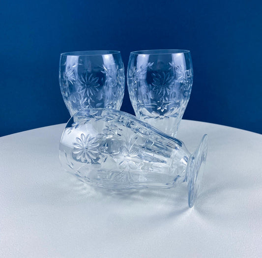 Vintage Iced Tea Juice Water Tumblers with Cut Daisy Garlands Motif. Set of 5 Low Stem Glassware. Dining Room Table Decor. Gift for Him Her. - Tampa Home & Garden Store
