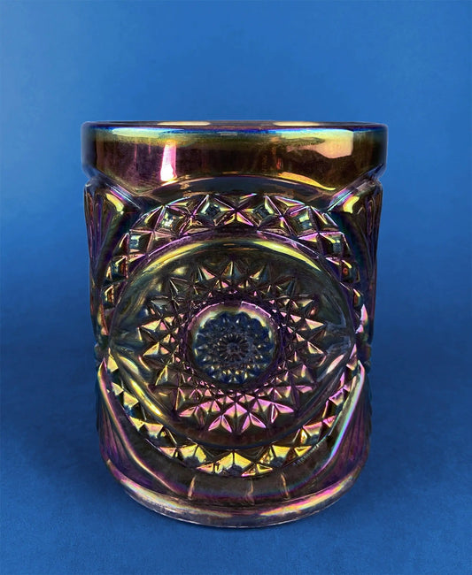 Vintage Imperial Hobstar Carnival Glass Vase with iridescent purple-gold finish and star pattern on Tampa Home & Garden Store