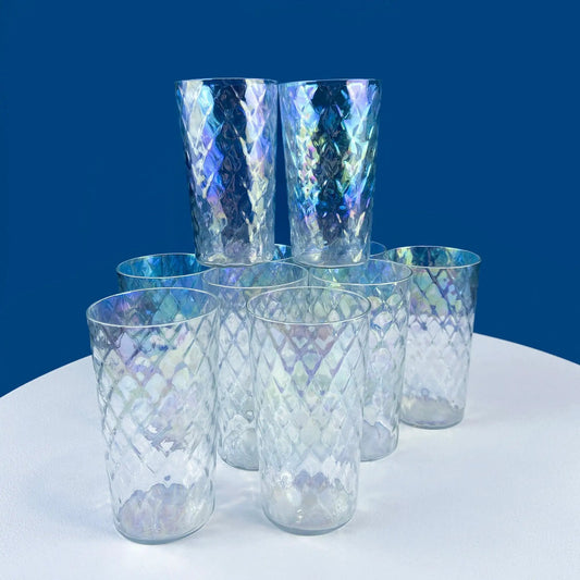 Vintage iridescent tumblers set of 10 with diamond-cut clear glass on Tampa Home & Garden Store