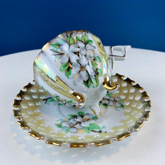 Vintage Iridescent Pearlescent Cup & Saucer. Light Yellow Reticulated Saucer. Jasmine Motif. Dining Room Decor. Gift for Tea Lover. - Tampa Home & Garden Store