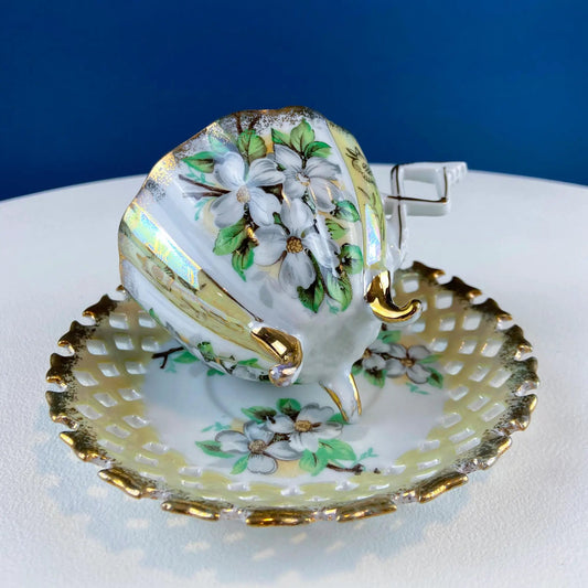 Vintage iridescent jasmine cup and saucer set, white porcelain with gold trim on Tampa Home & Garden Store