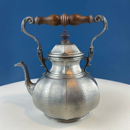 Vintage Italian pewter coffee pot with wood handle and engraved detailing on Tampa Home & Garden Store