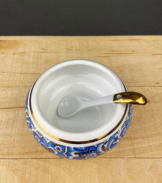 Vintage Italian Sugar Bowl/Bomboniere with Ceramic Spoon. Hand Painted Sugar Jar or Candy Dish. Lavorazione a Mano, Car Bomboniere. Italy. - Tampa Home & Garden Store
