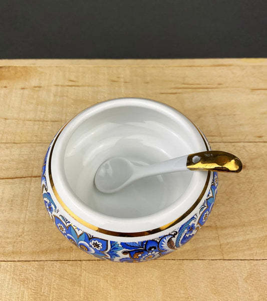 Vintage Italian sugar bowl with ceramic spoon, blue floral motif, gold trim on Tampa Home & Garden Store