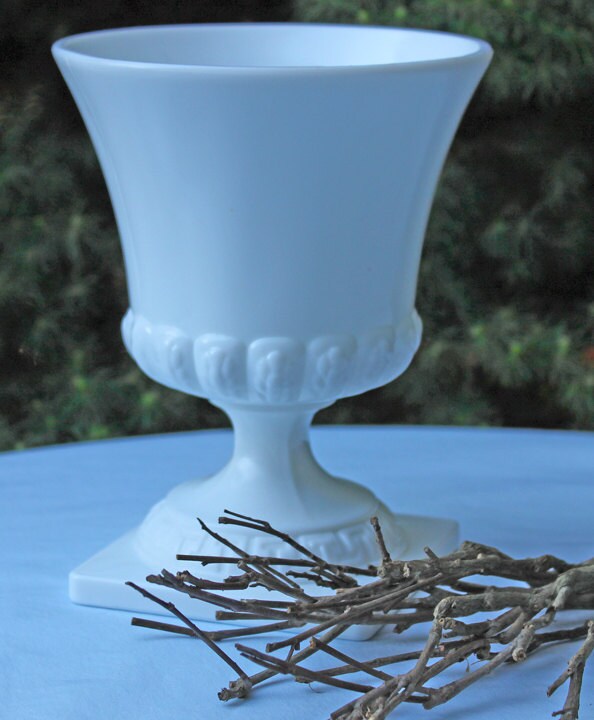 Vintage Large Milk Glass Urn or Compote Pedestal with Greek Key & Wheat Motif. 9" Tall White Footed E.O Brody Planter. Herb Garden. - Tampa Home & Garden Store