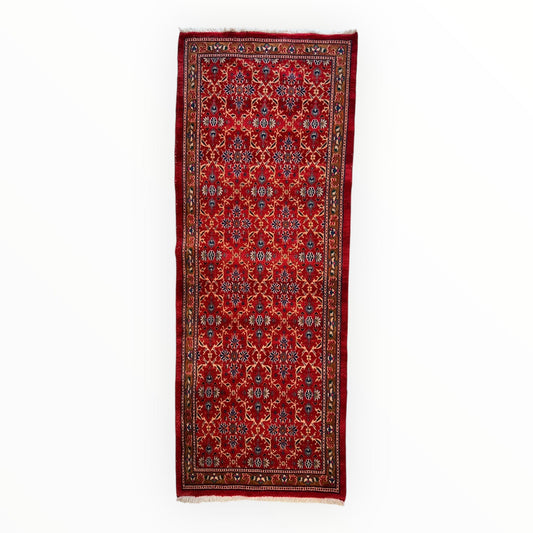 Vintage Mashhad Wool Runner – 3’3” x 8’4” – 1970s, Rich Red with Blue & Beige Accents - Tampa Home & Garden Store