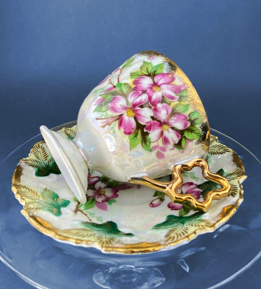 Vintage Metasco tea cup and saucer with pink cherry blossom blooms and gilded edges on Tampa Home & Garden Store