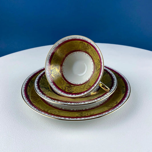 Vintage porcelain tea set trio with gold and ruby red floral motif by Anything Discovered on Tampa Home & Garden Store
