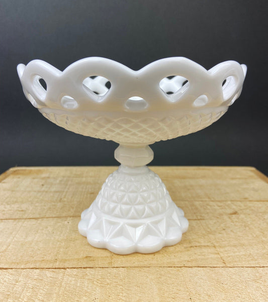 Vintage Milk Glass Compote or Footed Bowl. White Glass Candy Dish. Trinket Dish. Waffle Pattern with Scalloped Reticulated Edge. - Tampa Home & Garden Store
