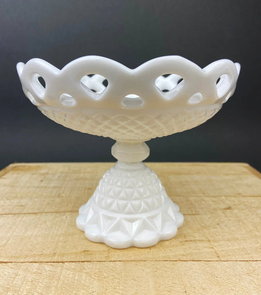 Vintage Milk Glass Compote or Footed Bowl. White Glass Candy Dish. Trinket Dish. Waffle Pattern with Scalloped Reticulated Edge. - Tampa Home & Garden Store