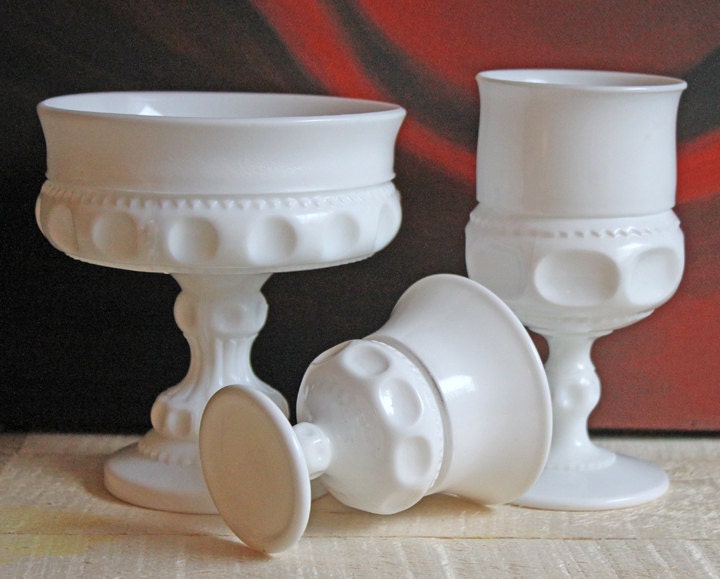 Vintage Milk Glass Compote or Footed Bowl. White Glass Candy Dish. Trinket Dish. Waffle Pattern with Scalloped Reticulated Edge. - Tampa Home & Garden Store