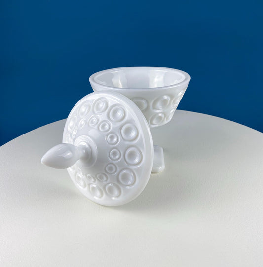 Vintage Milk Glass Footed Bowl with Lid. Circular Embossed Motif. White Bath Bedroom Vanity Storage. Dining Room Decor. Table Centerpiece. - Tampa Home & Garden Store