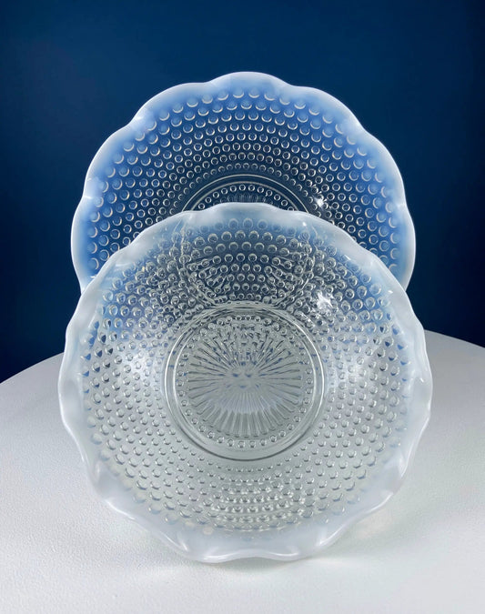 Vintage moonstone hobnail glass serving bowl and plate set, two-piece translucent blue on Tampa Home & Garden Store