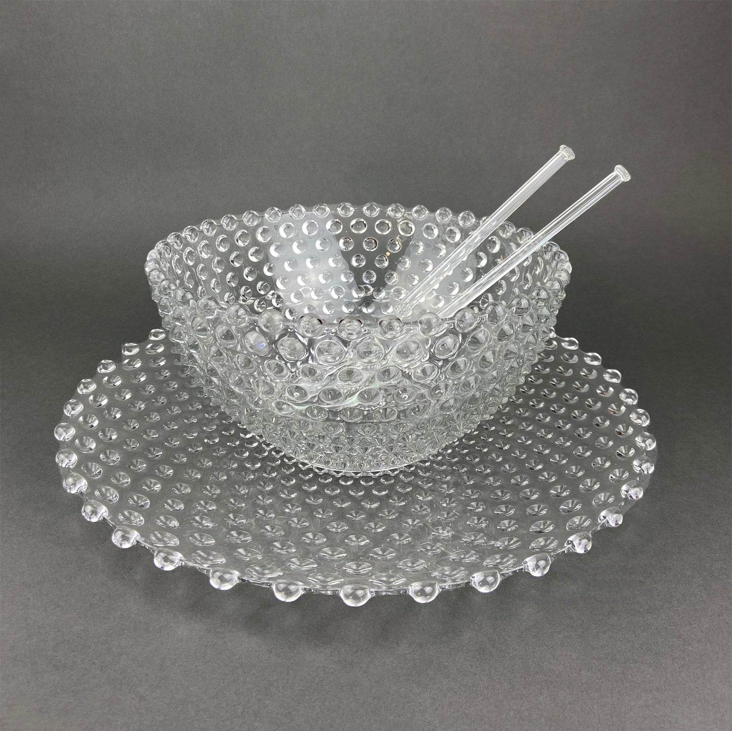 Vintage Moonstone Serving Set. Hobnail Large Bowl and Matching Plate. Salad or Fruit Bowl. Serving Platter. Modern Table Centerpiece. - Tampa Home & Garden Store