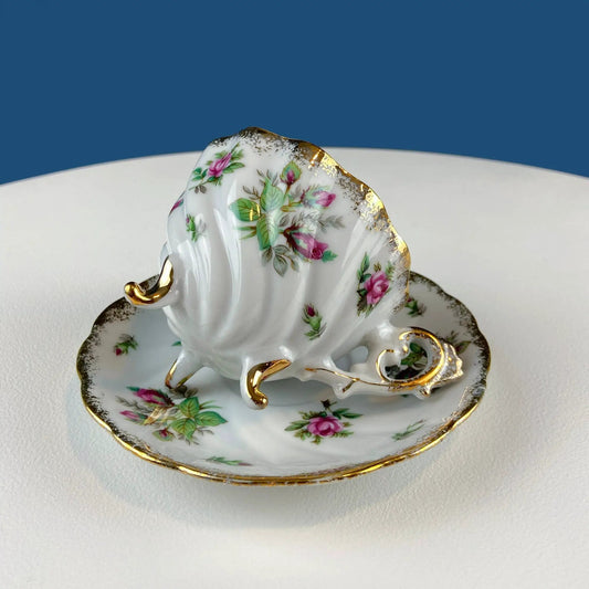 Vintage Moss Rose porcelain teacup and saucer with pink roses and gold trim on Tampa Home & Garden Store