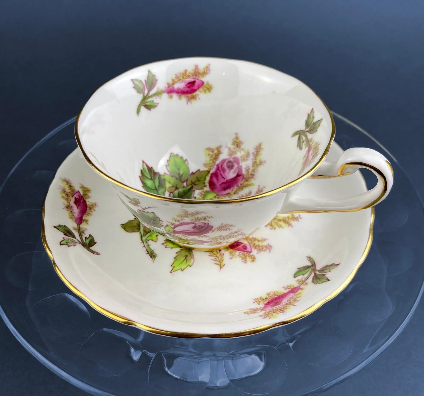 Vintage moss rose porcelain teacup and saucer set with pink roses gold trim on Tampa Home & Garden Store