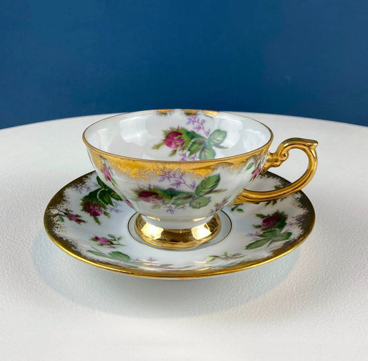 Vintage Moss Rose teacup and saucer set with gold trim and floral pattern on Tampa Home & Garden Store