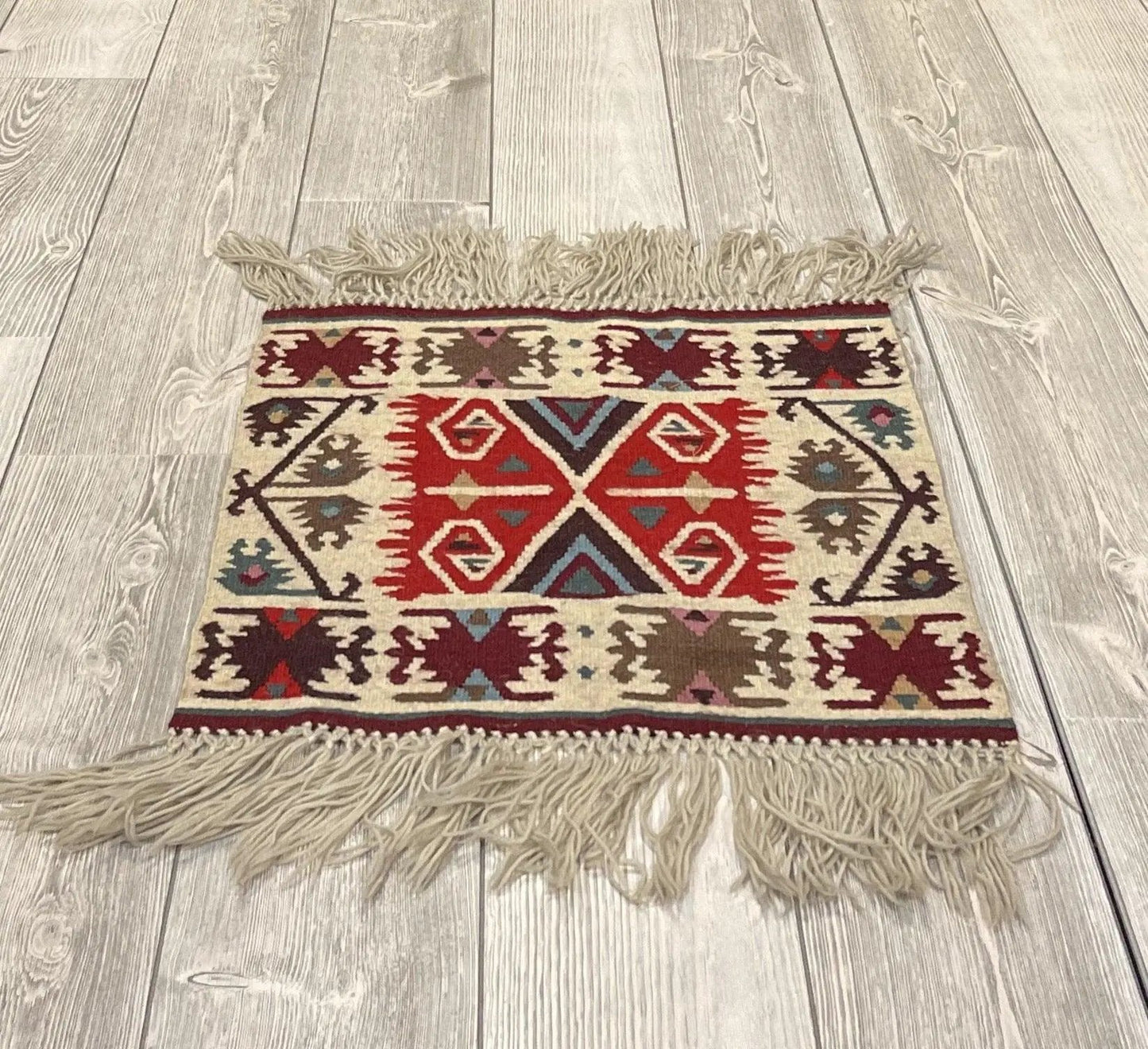 Vintage Bulgarian Kilim Rug 1.8x1.7 ft wool with bold geometric red beige tones fringe on Tampa Home & Garden Store