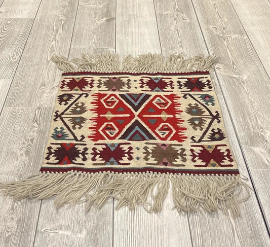 Vintage Bulgarian Kilim Rug 1.8x1.7 ft wool with bold geometric red beige tones fringe on Tampa Home & Garden Store