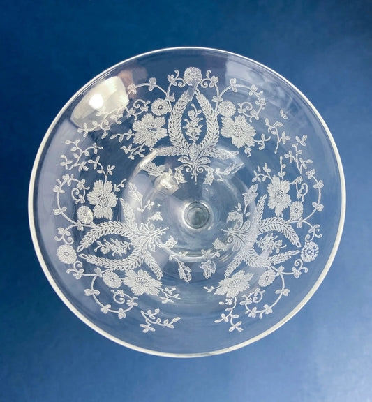New Martinsville sherbet glass with intricate etched floral pattern on clear glass on Tampa Home & Garden Store