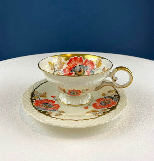 Vintage tea cup and saucer hand-painted poppies with gold trim OST Mark SF on Tampa Home & Garden Store