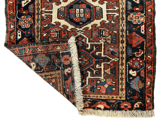 Rug Vintage Persian Karaja Heriz runner 24x33 red navy ivory medallion fringe Rugistan on Tampa Home & Garden Store
