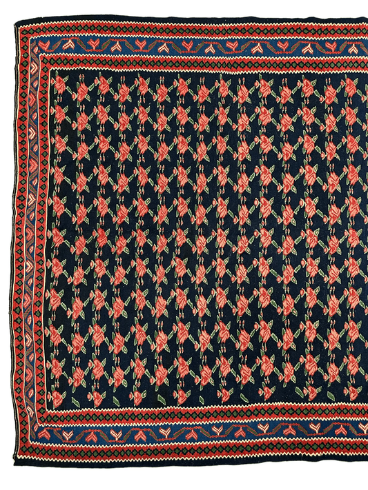 Persian Senneh Kilim Runner rug navy field with red rose motifs and ornate border on Tampa Home & Garden Store