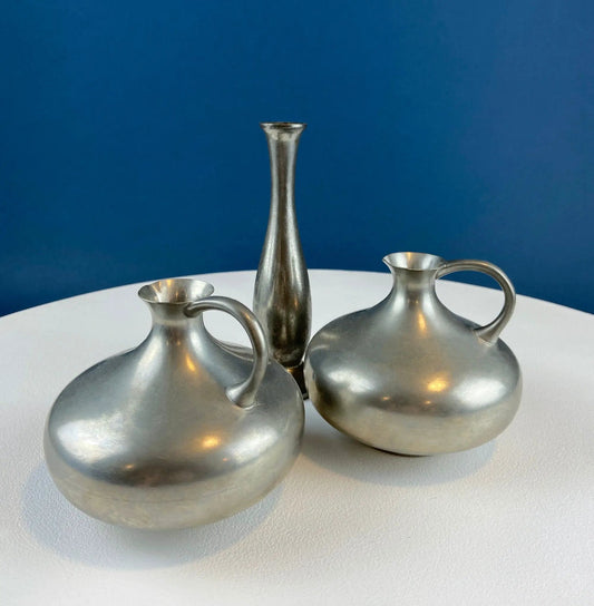 Pewter vases set of three, vintage Royal Holland, with slender necks on Tampa Home & Garden Store