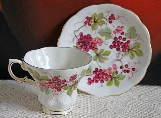 Royal Albert vintage bone china cup and saucer with grape design, gold trim, two-piece set on Tampa Home & Garden Store