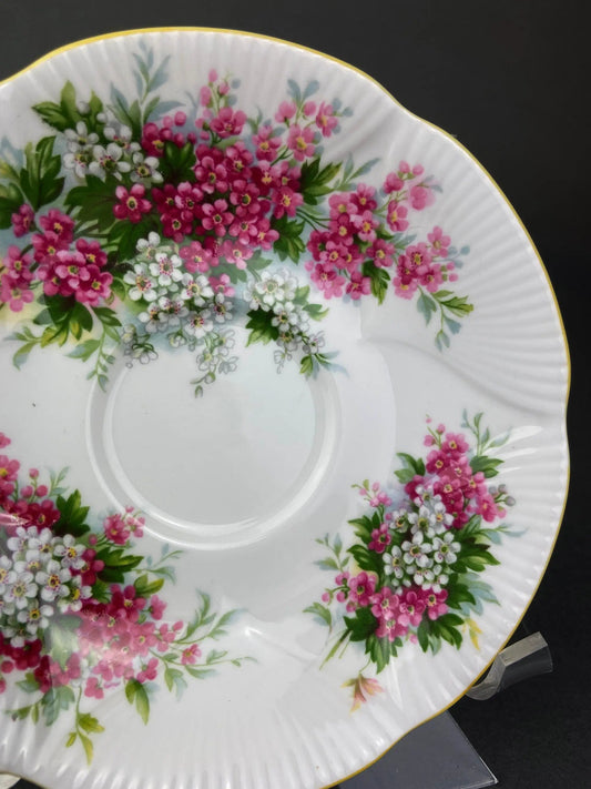 Teacup and Saucer Blossom Hawthorn pattern with pink flowers and yellow rim on porcelain on Tampa Home & Garden Store