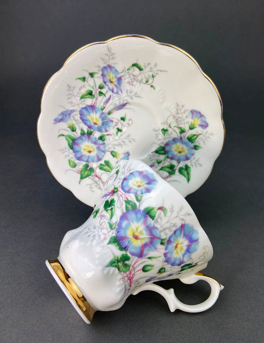 Royal Albert bone china tea cup and saucer with Morning Glory blue florals and gold trim on Tampa Home & Garden Store