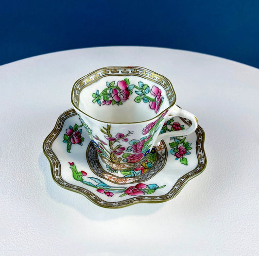 Coalport teacup and saucer set in porcelain with pink peonies and gold lattice trim on Tampa Home & Garden Store