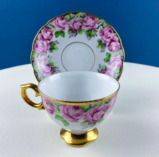 Vintage Royal Sealy tea cup and saucer with pink rose pattern and gold trim on Tampa Home & Garden Store