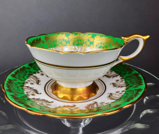 Royal Stafford tea cup and saucer with green filigree and gold trim on Tampa Home & Garden Store