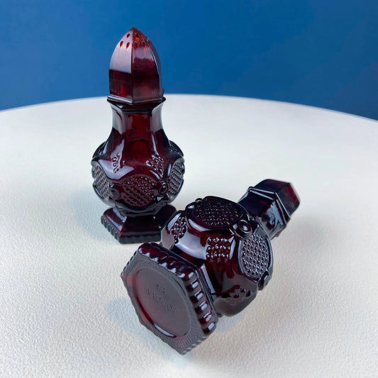 Ruby Red Avon Cape Cod salt and pepper shaker set, pressed glass with Rosette pattern on Tampa Home & Garden Store