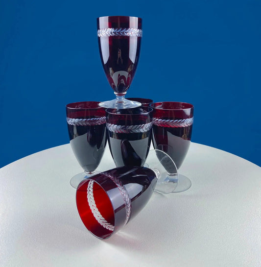 Ruby Red Bohemian Crystal Goblets, set of six stemware with etched laurel leaf band on Tampa Home & Garden Store